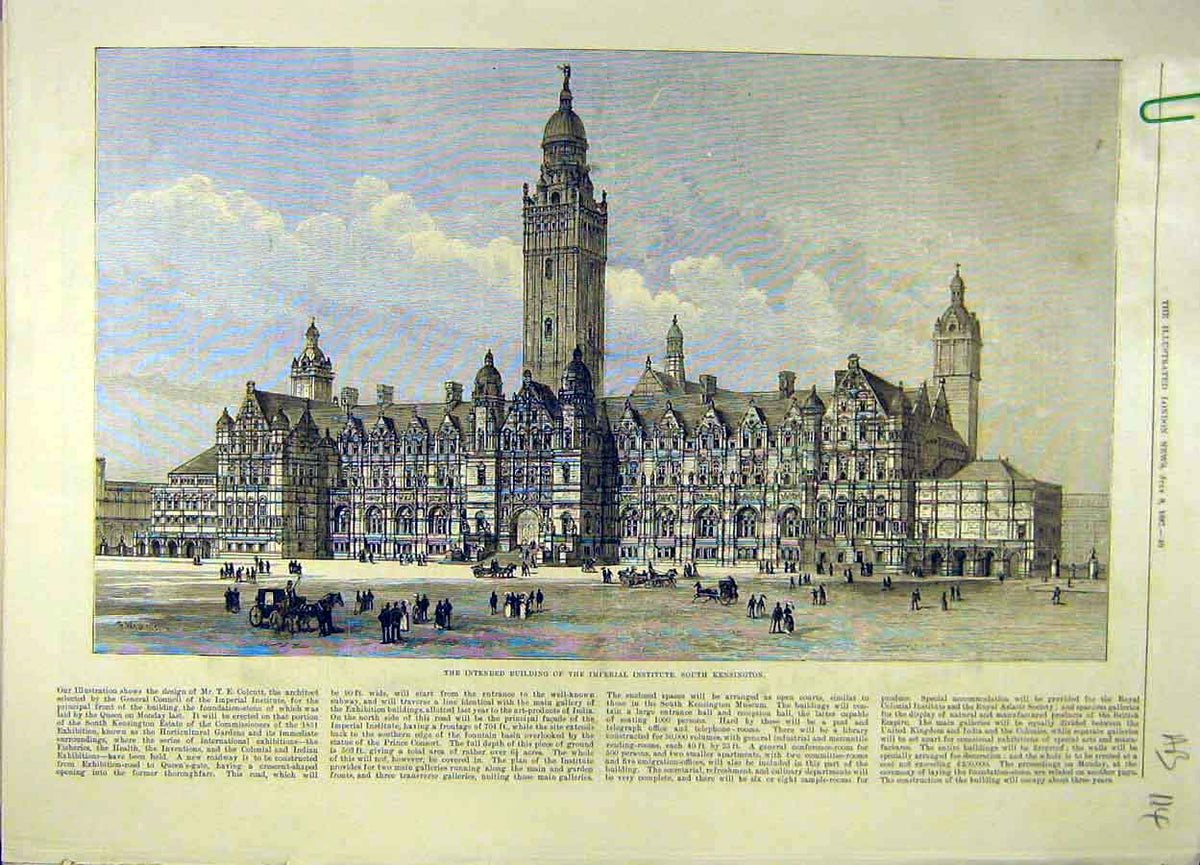 Original Old Antique Print 1887 Building Imperial Institute Kensington Queen