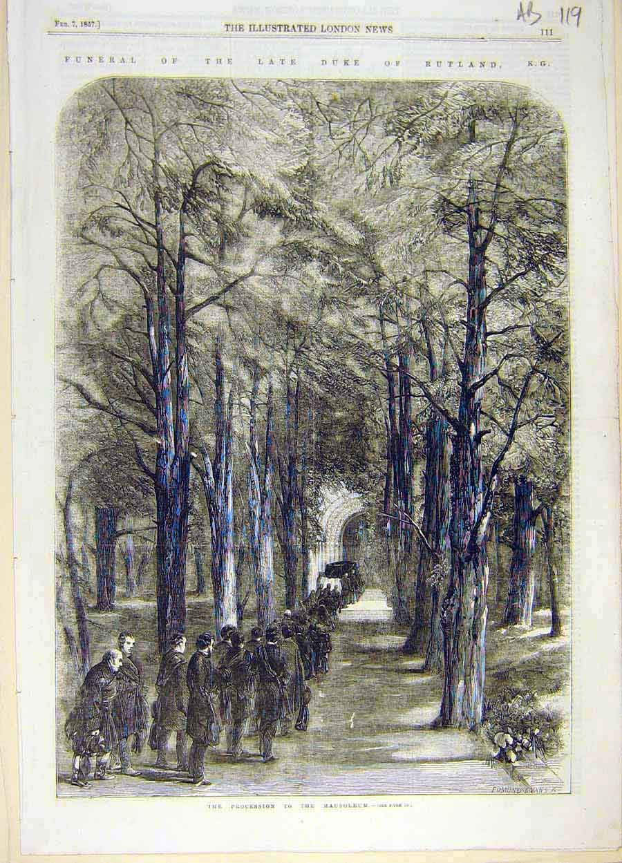 Old Antique Print 1857 Mausoleum Procession Duke Rutland Funeral Belvoir 19th