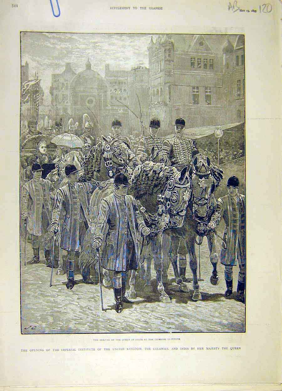 Original Old Antique Print 1893 Imperial Institute Queen Procession Victoria