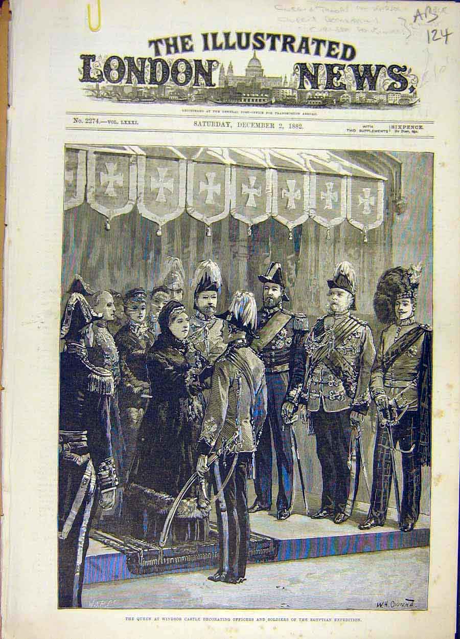 Old Antique Print 1882 Queen Windsor Castle Officers Egyptian Decoration 19th