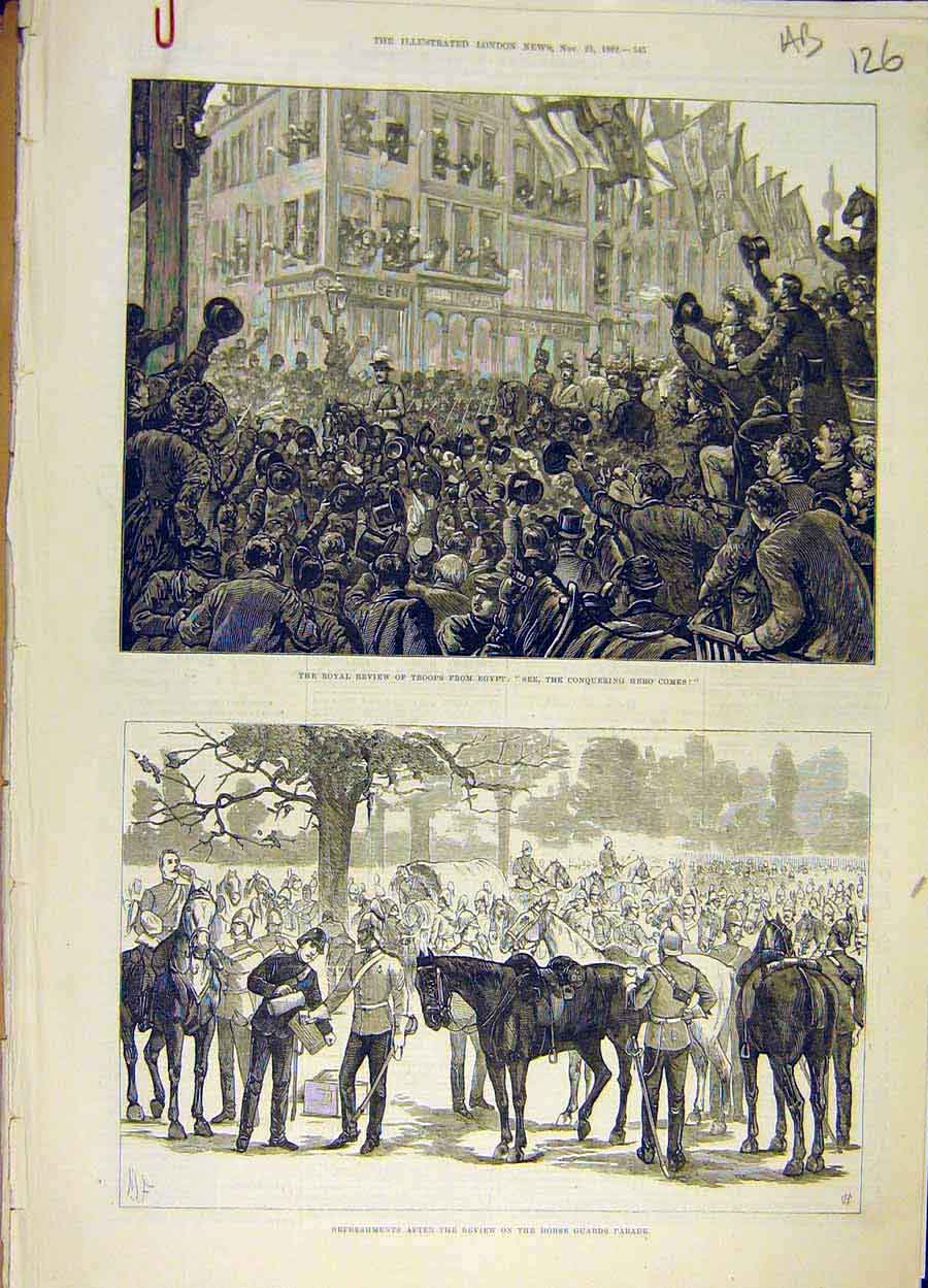 Original Old Antique Print 1882 Royal Review Troops Egypt Horse Guards Sketches