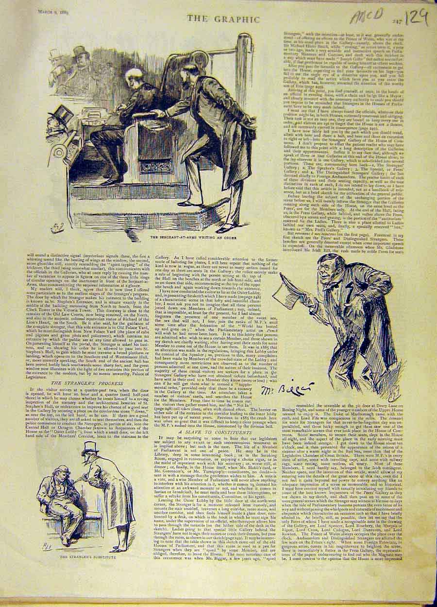Original Old Antique Print 1889 Biggar Sketches House Commons Stranger Gallery