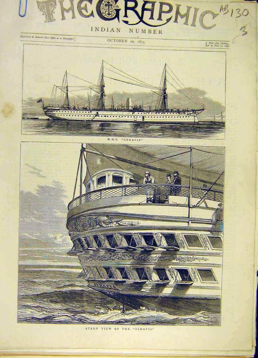 Original Old Antique Print 1875 Hms Serapis Stern Ship Prince Wales Star-Board