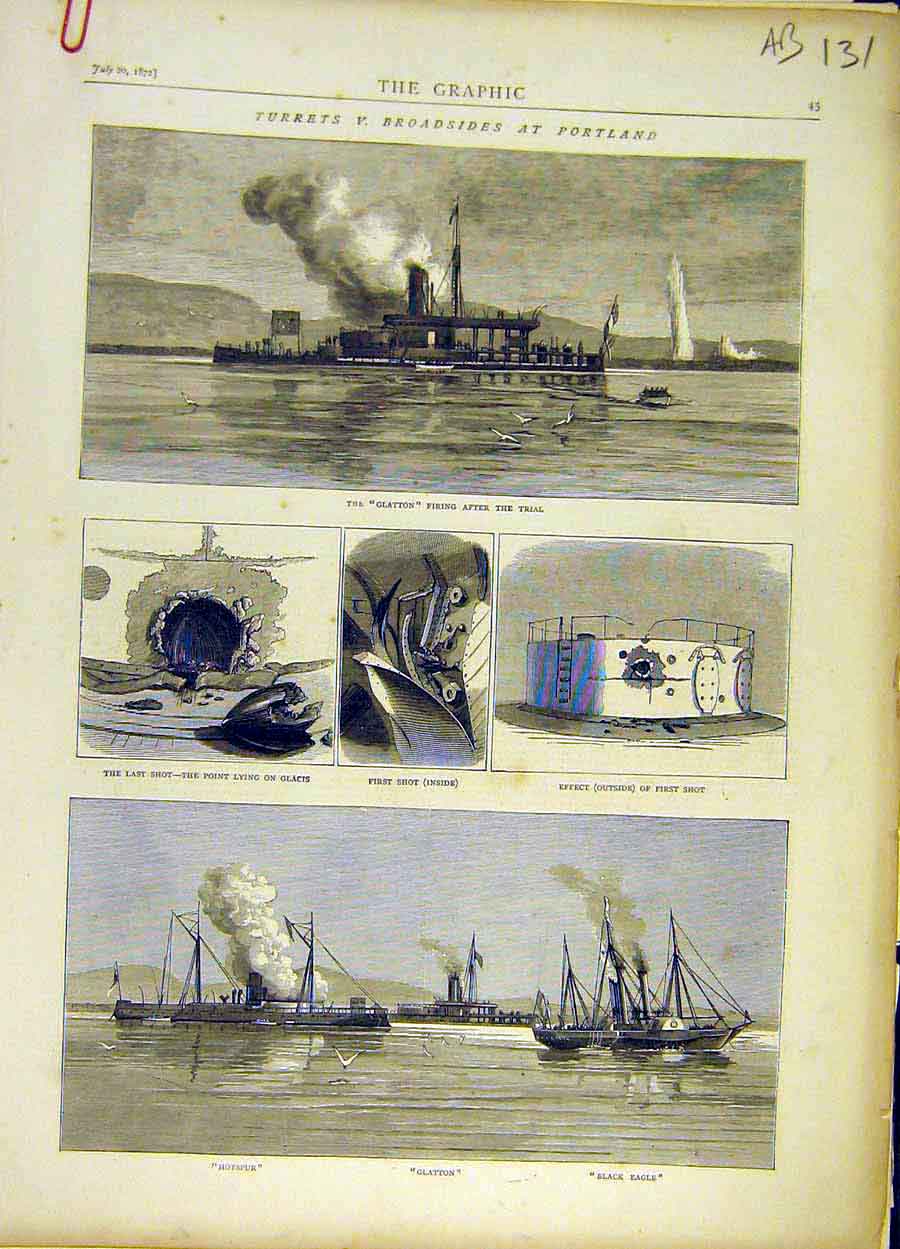 Original Old Antique Print 1872 Turrets Broadsides Portland Ships Navy Naval