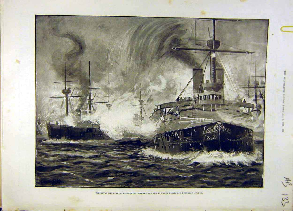 Original Old Antique Print 1893 Naval Manoeuvres Fleet Howe Dublin Flag-Ship