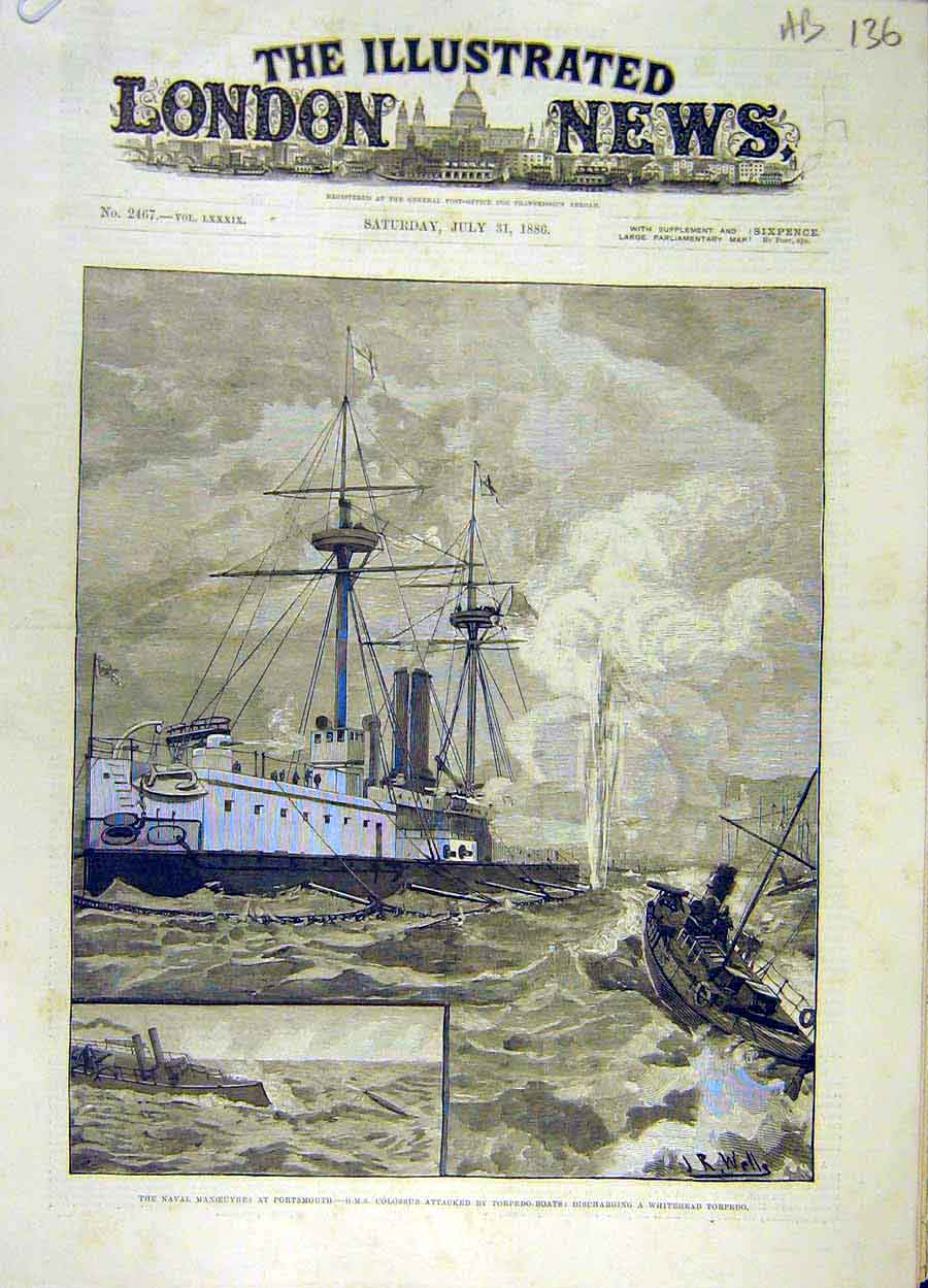 Original Old Antique Print 1886 Portsmouth Naval Review Hms Colossus Torpedo