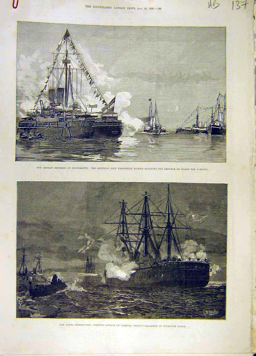 Old Antique Print 1890 Naval Manoeuvre Torpedo Practice Tryon Rudolf Ship 19th