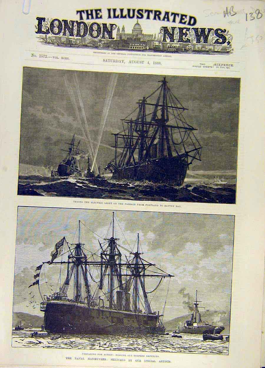 Original Old Antique Print 1888 Electric Light Ship Naval Manoeuvre Torpedo