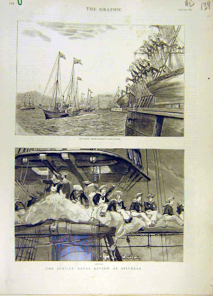 Old Antique Print 1887 Royal Yacht Naval Review Spithead Hms Cyclops Ship 19th