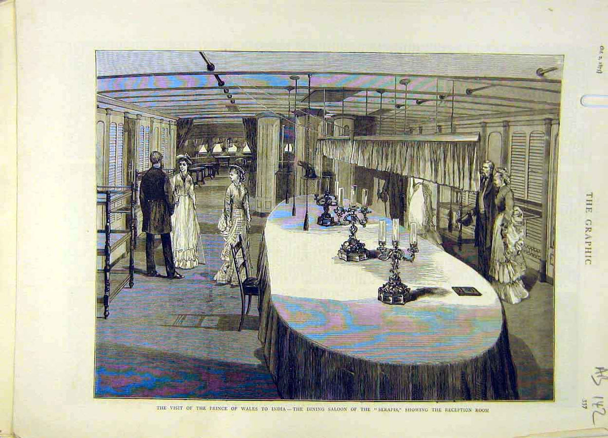 Original Old Antique Print 1875 Prince Wales India Serapis Saloon Bedroom 19th