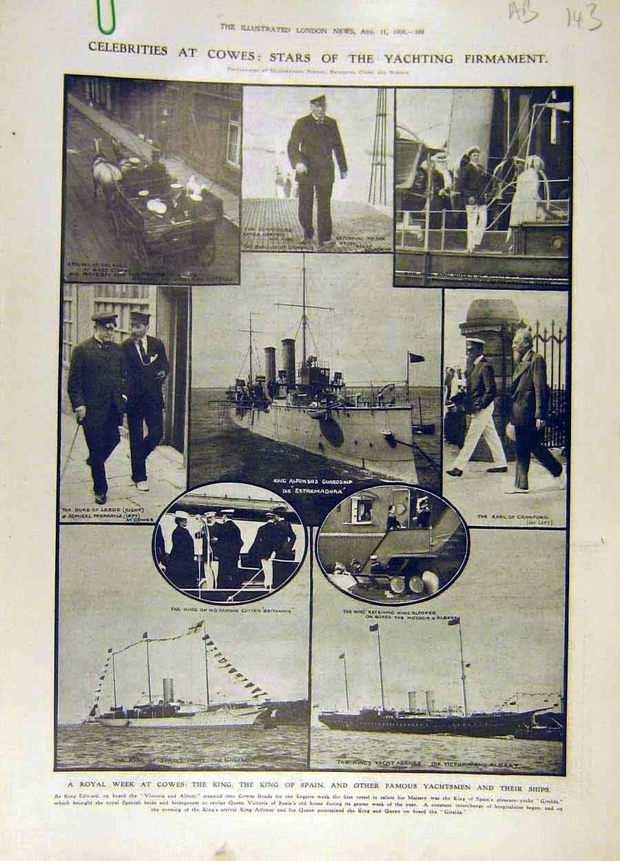 Original Old Antique Print 1906 Cowes Royal Yacht Squadron King Spain Giralda