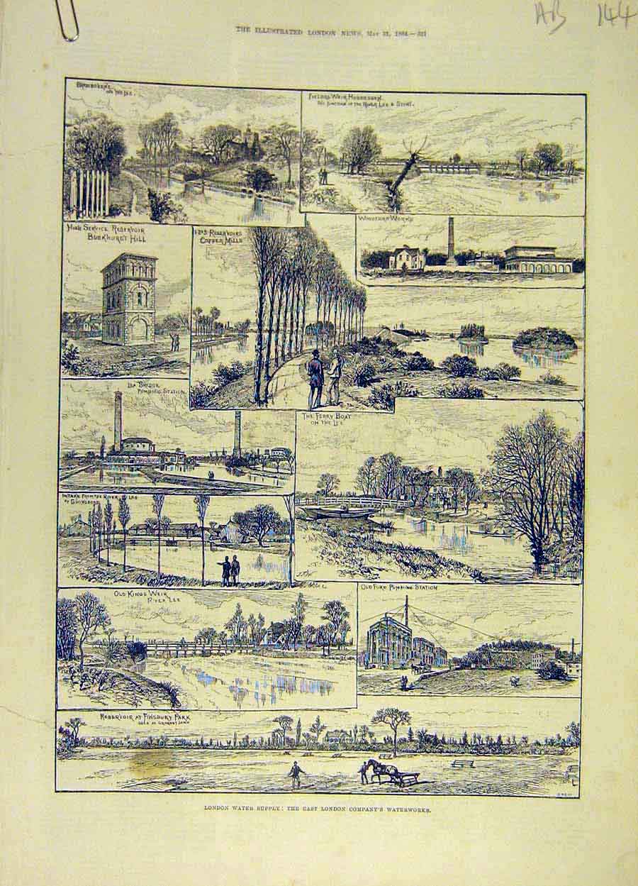 Original Old Antique Print 1884 London Water-Supply River-Company Places Views