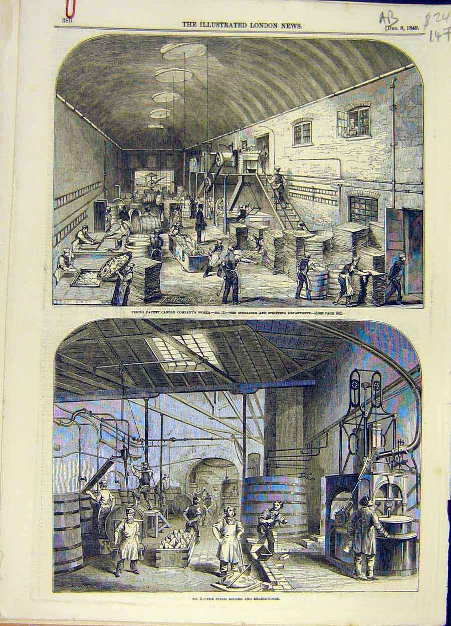 Old Antique Print 1849 Price'S Patent Candle Factory Moulding Night-Light 19th