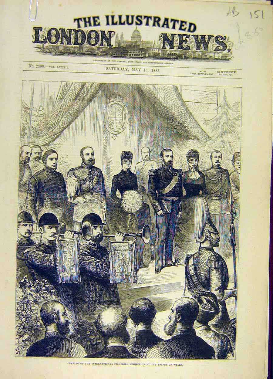Old Antique Print 1883 Prince Wales Fisheries Exhibition Sketches People 19th