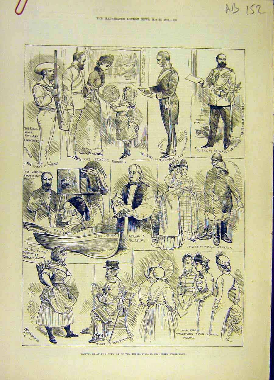 Old Antique Print 1883 Sketches People Fisheries Exhibition Plan Map Fish 19th