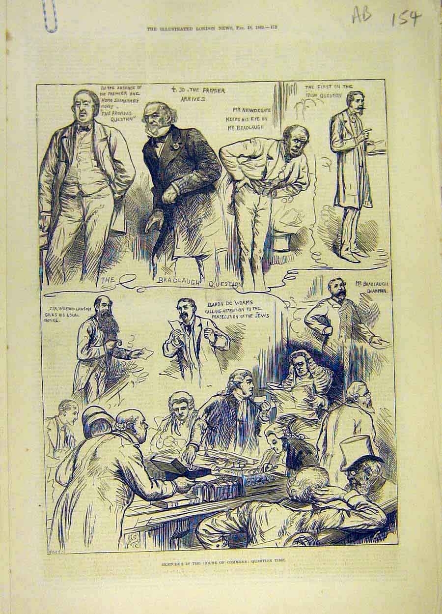 Original Old Antique Print 1882 House Commons Sketches Question-Time Lobby 19th