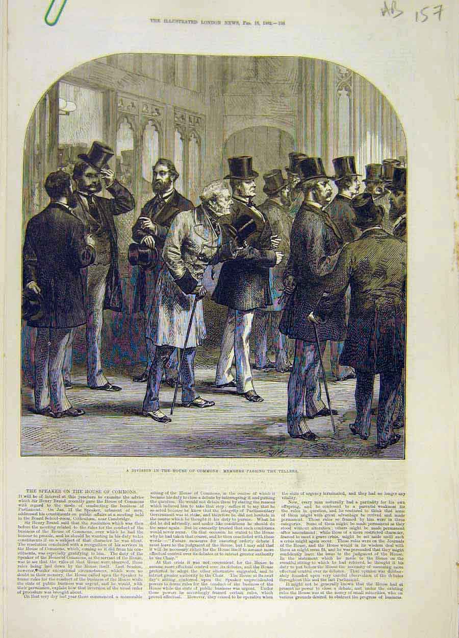 Original Old Antique Print 1882 House Commons Members Tellers Division Lobby
