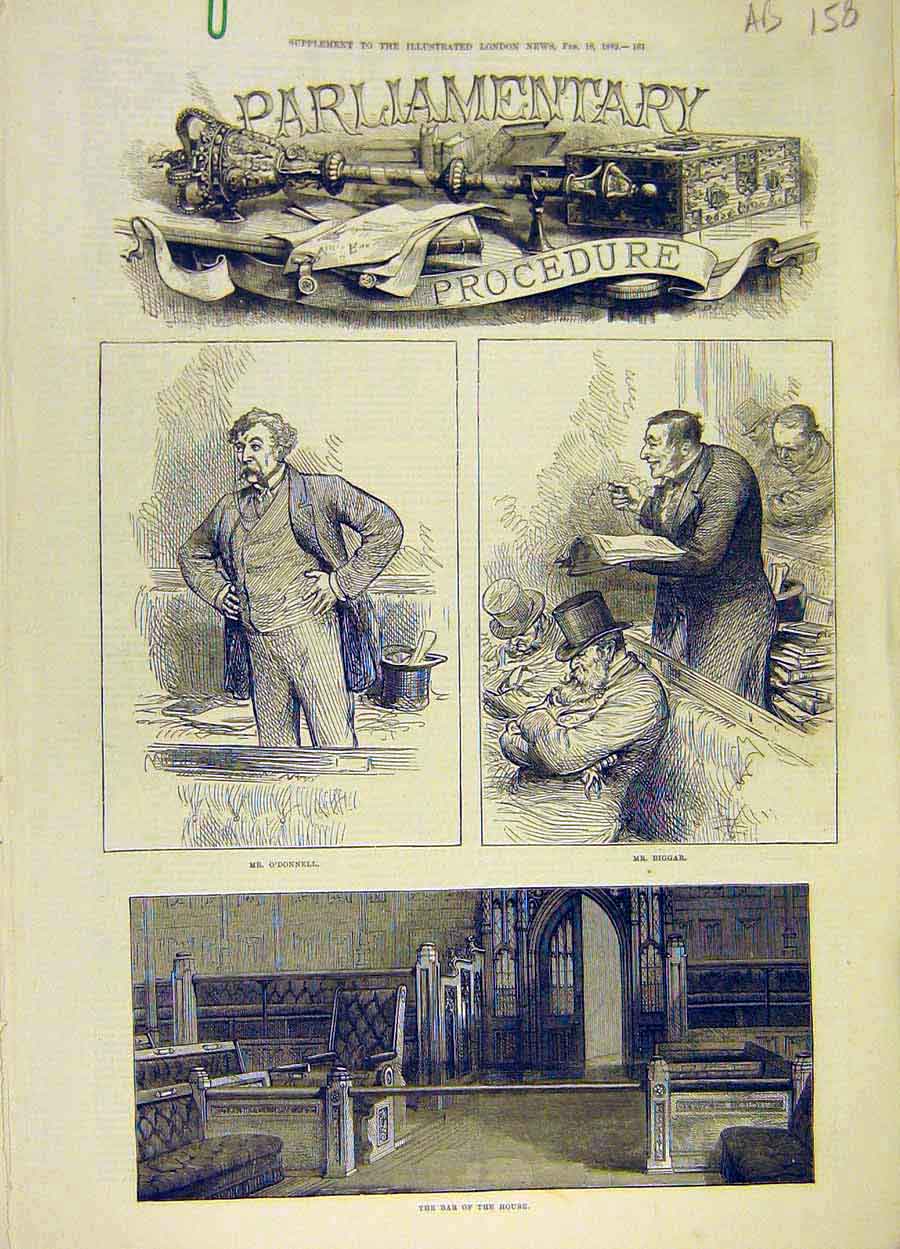 Old Antique Print 1882 Parliament Sketches Bar-House Biggar Lobby Leader 19th