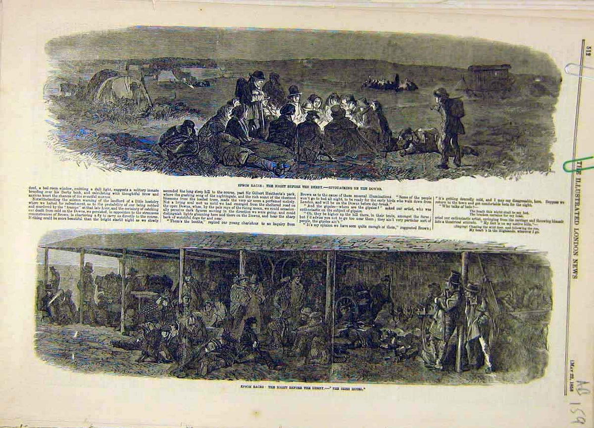 Old Antique Print 1858 Epsom Races Derby People Gipsy Quarter Irish Hotel 19th