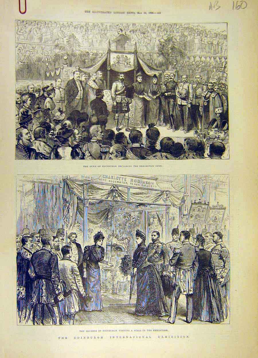 Original Old Antique Print 1890 Duke Edinburgh Exhibition People Market-Cross