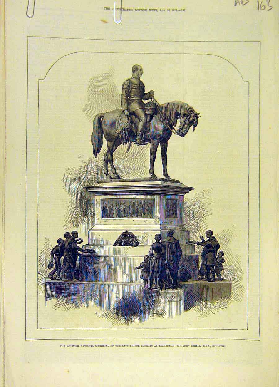 Old Antique Print 1876 Scottish Memorial Prince Consort Edinburgh Steell 19th