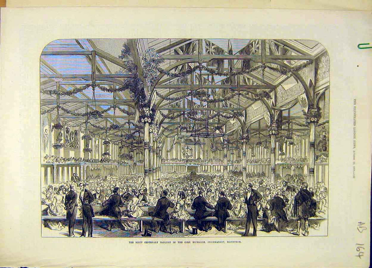 Old Antique Print 1871 Scott Banquet Corn-Exchange Edinburgh Abbotsford 19th