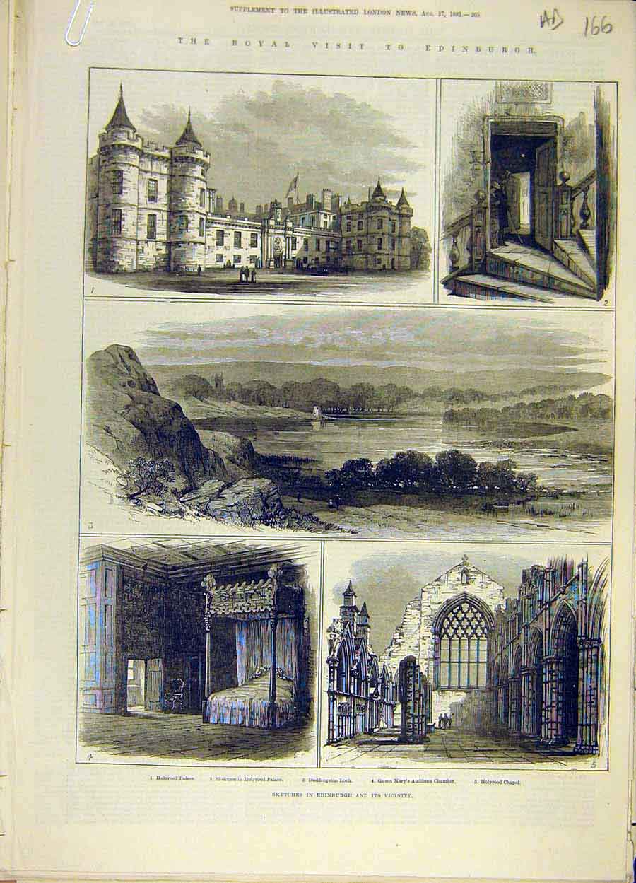 Original Old Antique Print 1881 Edinburgh Royal Visit Sketches Castle Chapel