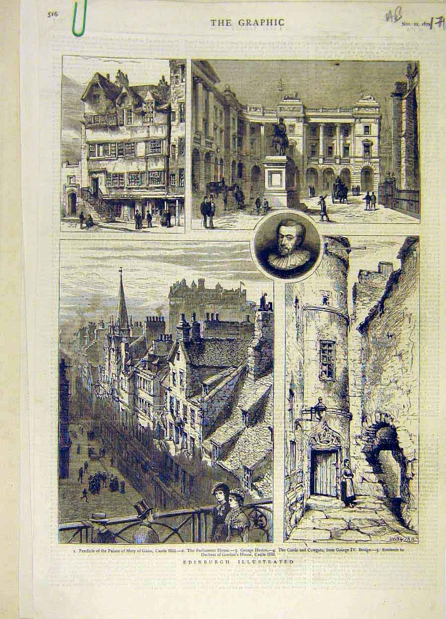 Old Antique Print 1879 Sketch Edinburgh Building Parliament Castle Abbey 19th