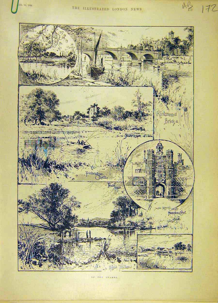 Original Old Antique Print 1894 Thames River Sketches Hampton Richmond Mill