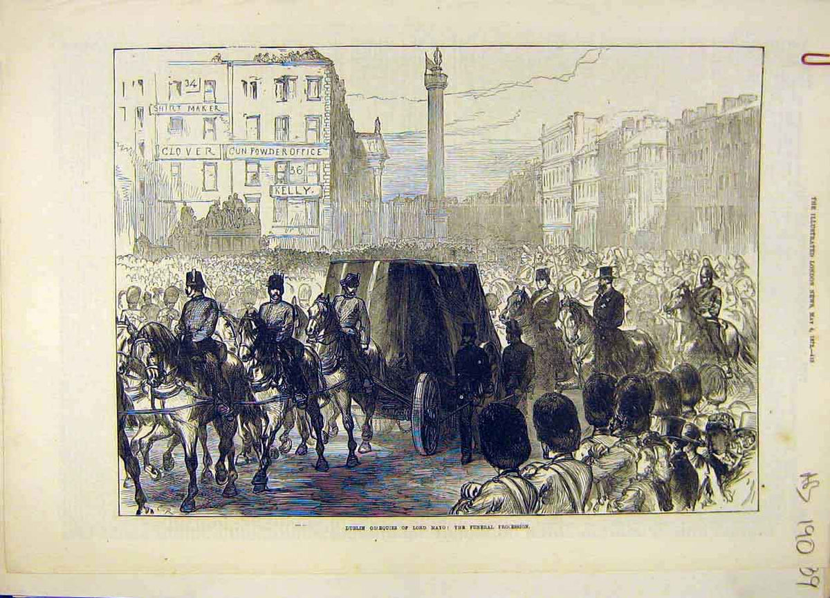 Old Antique Print 1872 Dublin Lord Mayo Funeral Procession Coffin Ireland 19th