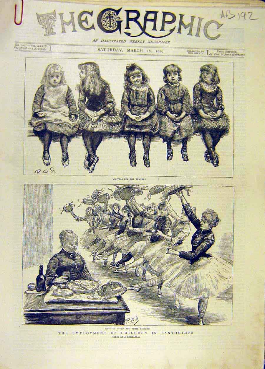 Original Old Antique Print 1889 Pantomime Children Employment Rehearsal 19th