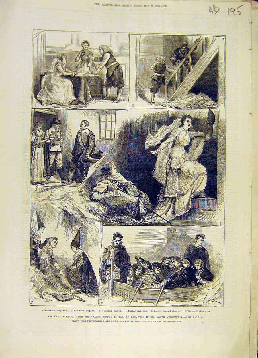 Old Antique Print 1880 Cromwell Novels Kenilworth Tableaux Vivants Scene 19th