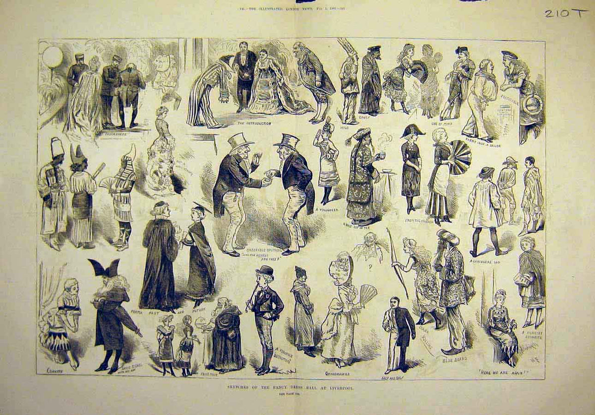 Original Old Antique Print 1881 Sketches Fancy-Dress Ball Liverpool People 19th