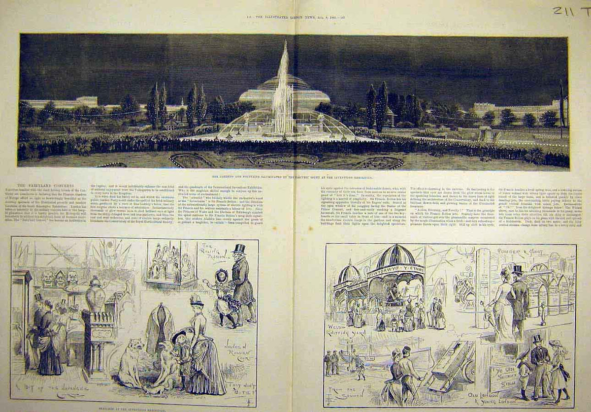Old Antique Print 1885 Inventions Exhibition Gardens Fountains Electric 19th