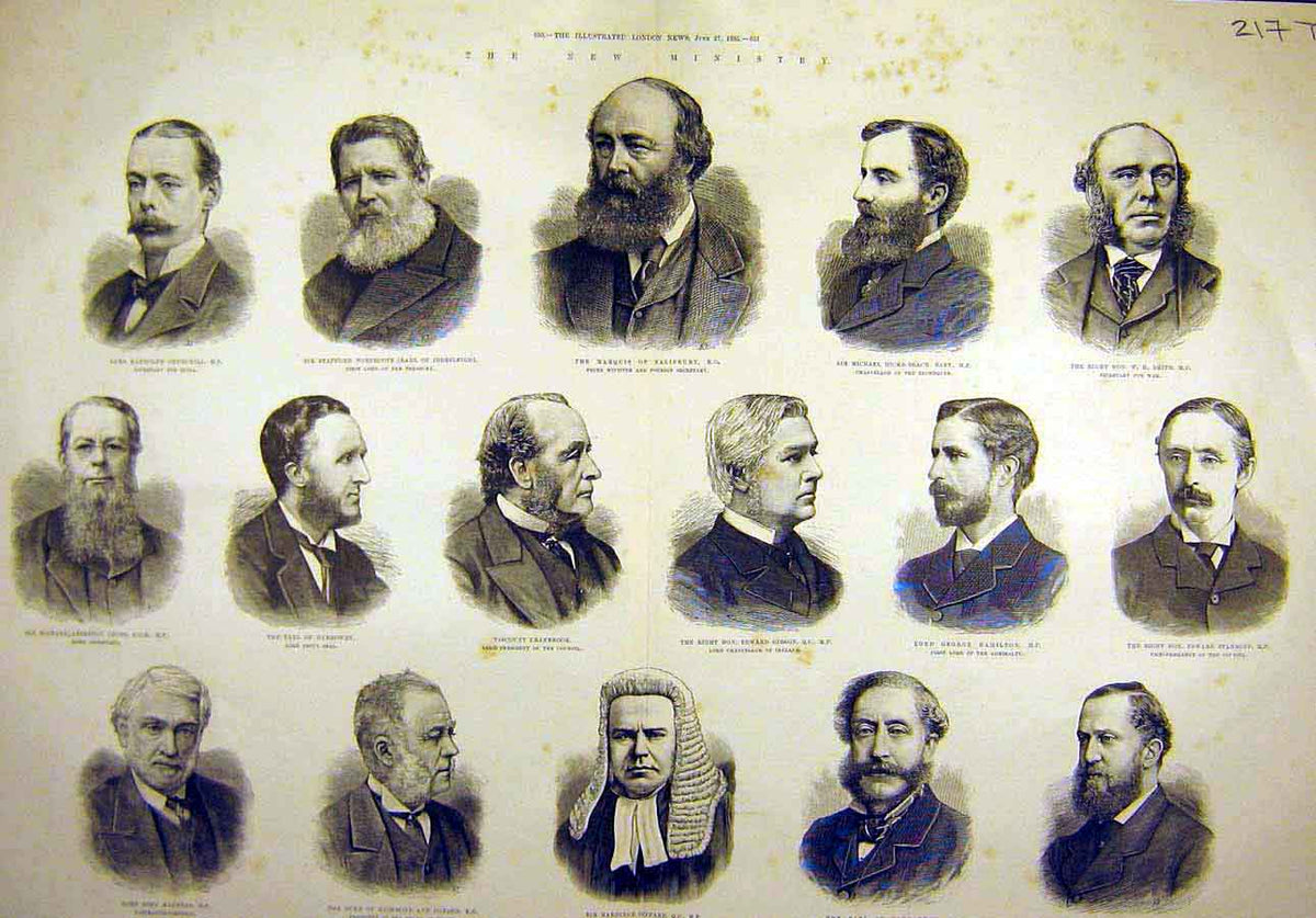 Original Old Antique Print 1885 Ministers Parliament Portraits Government Men