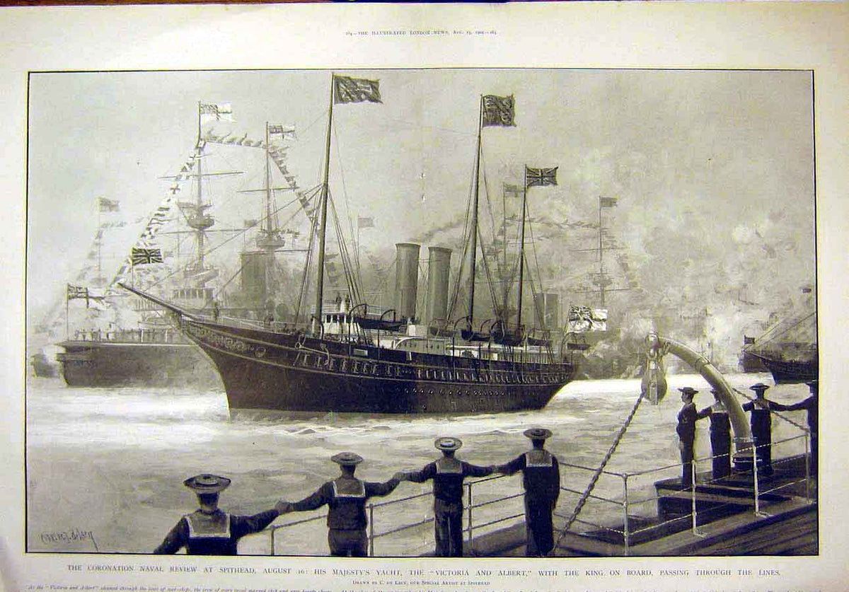 Old Antique Print 1902 Coronation Naval Review Spithead Royal Yacht Lacy 20th