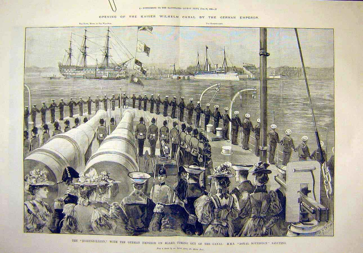 Original Old Antique Print 1895 German Emperor Hohenzollern Hms Royal Sovereign