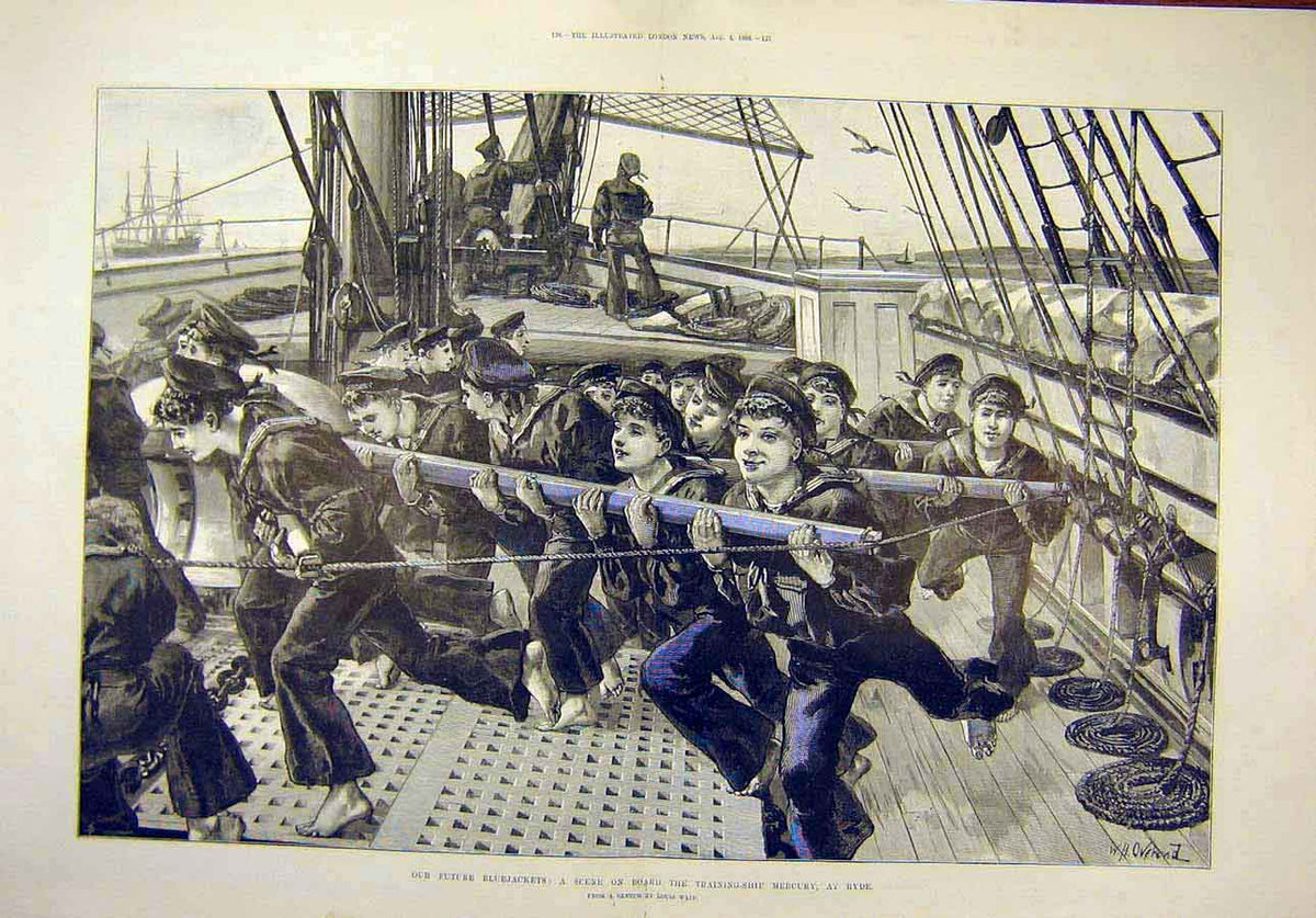 Original Old Antique Print 1888 Bluejackets Training-Ship Mercury Ryde Wain