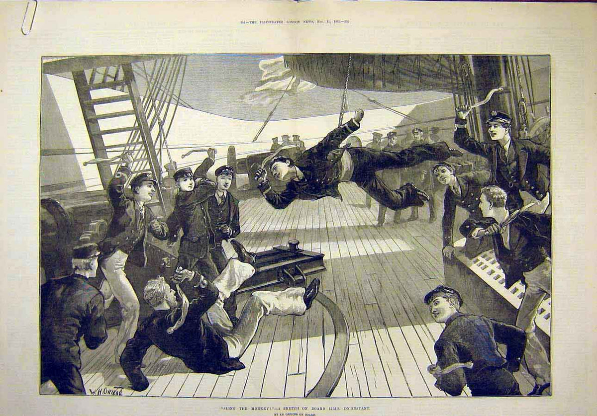 Original Old Antique Print 1882 Sling-The-Monkey Sketch Hms Inconstant Sailors