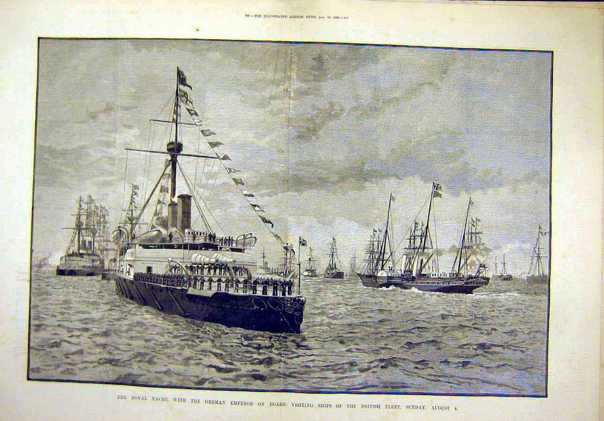 Original Old Antique Print 1889 Royal Yacht German Emperor British Fleet Ships