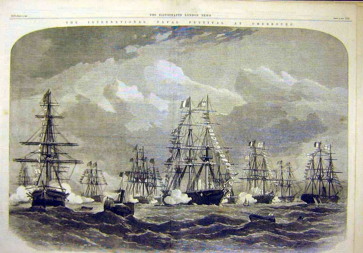 Old Antique Print 1865 Naval Festival Cherbourg British Squaron Emperor 19th