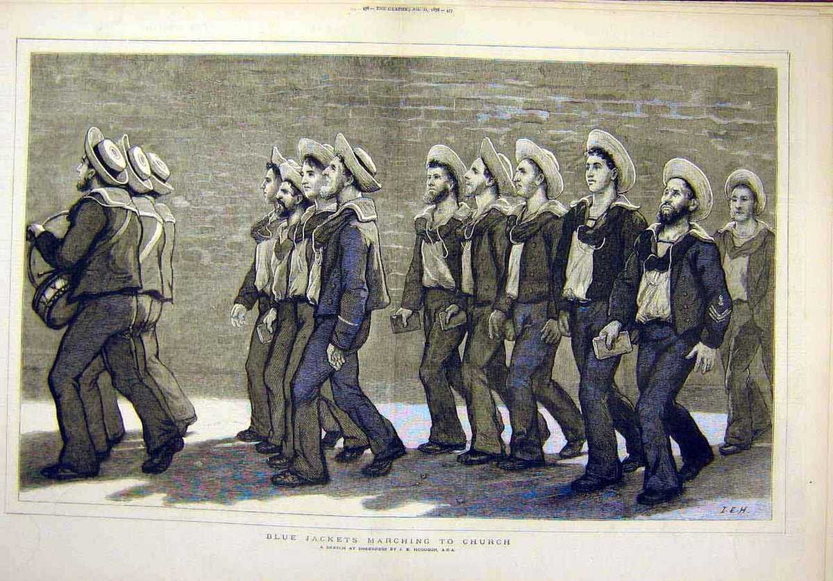 Original Old Antique Print 1876 Bluejacket March Church Sailor 19th