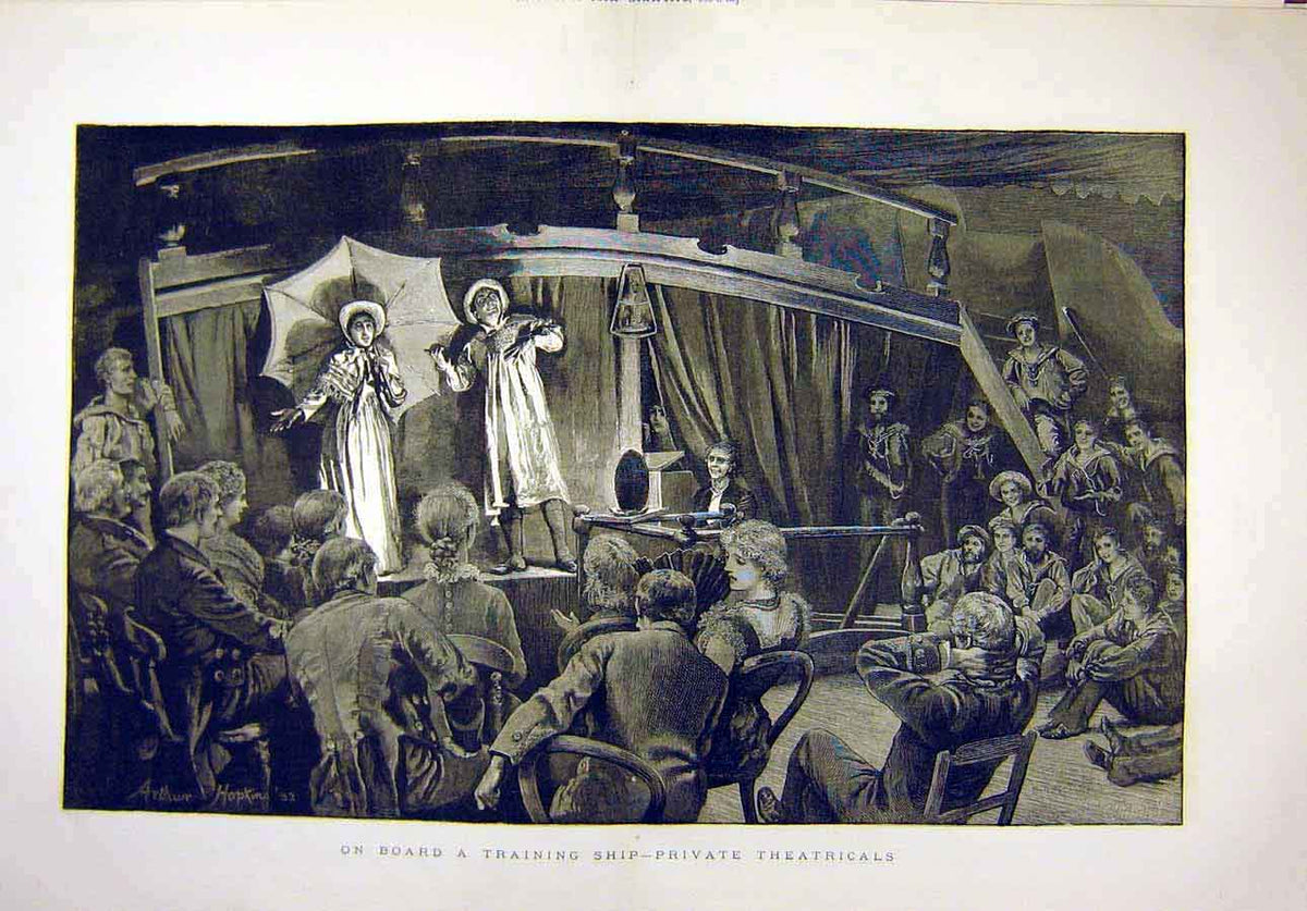 Original Old Antique Print 1883 Training Ship Private Theatricals Victorian