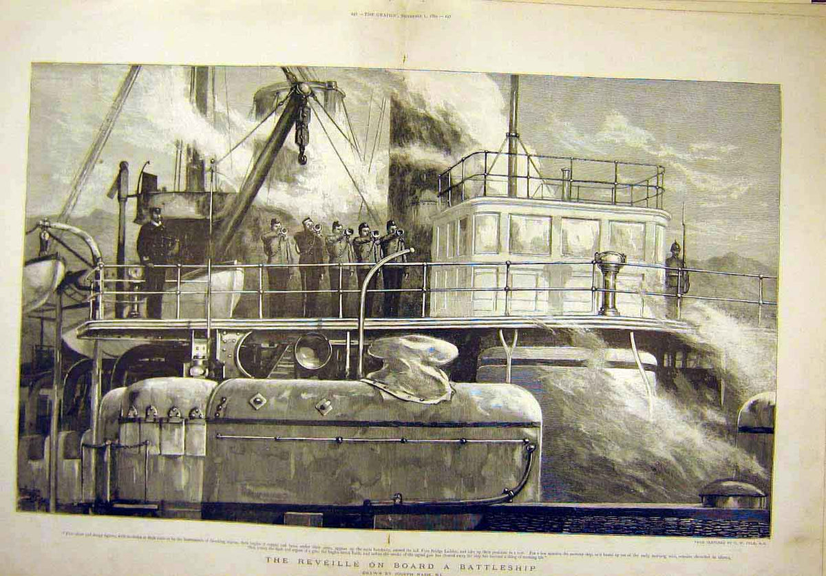 Original Old Antique Print 1894 Reveille Battleship Nash Navy 19th