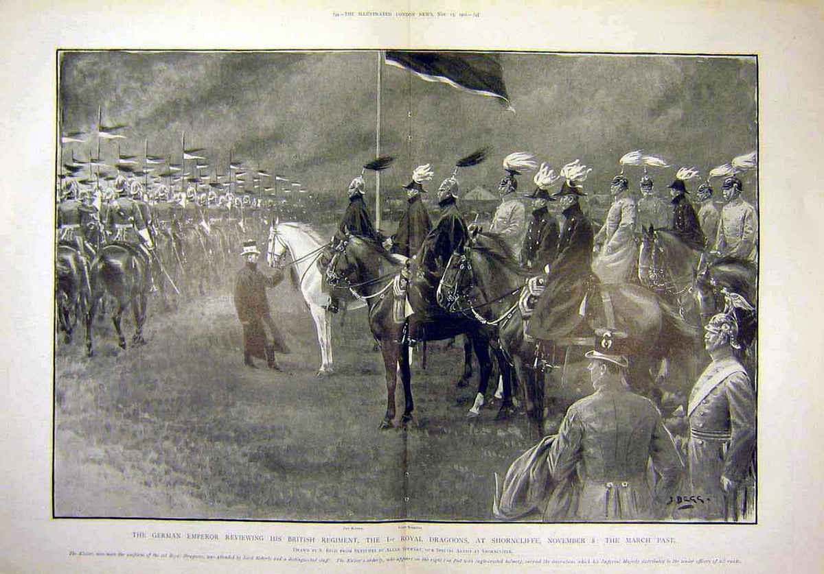 Original Old Antique Print 1902 German Emperor Royal Dragoons Shorncliffe 20th