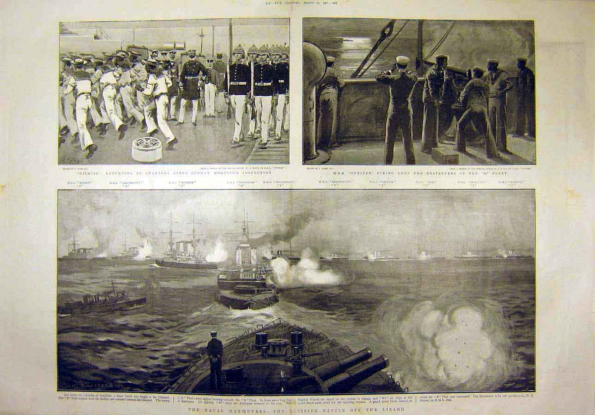 Original Old Antique Print 1901 Naval Manoeuvres Battle Lizzard Jupiter Hms