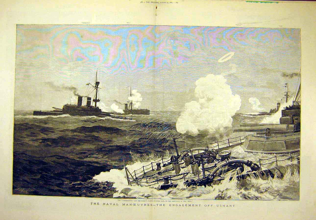 Original Old Antique Print 1889 Naval Manoeuvres Hero Ushant Camperdown 19th