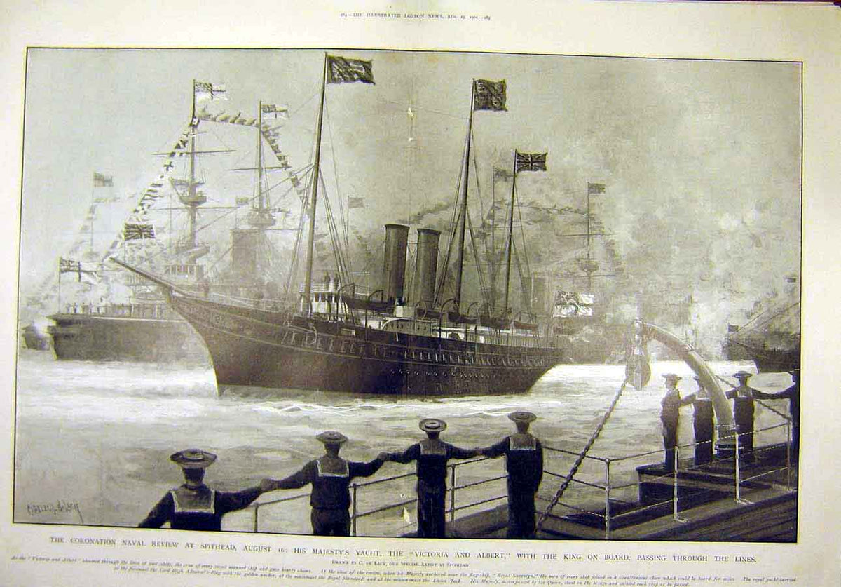 Old Antique Print 1902 Coronation Naval Review Spithead Royal Yacht Ships 20th