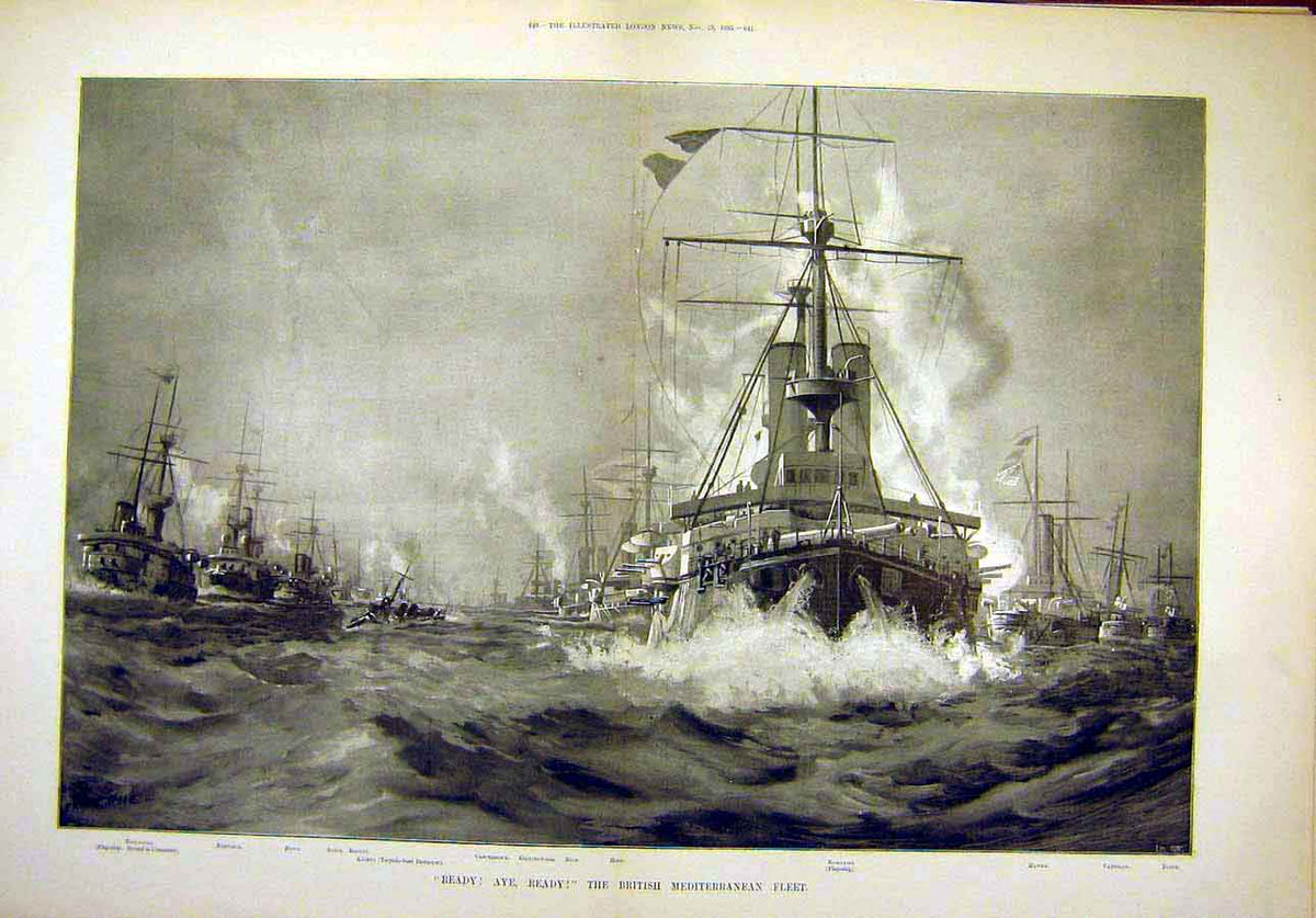 Old Antique Print 1895 British Mediterranean Fleet Ramilles Ardent Ships 19th