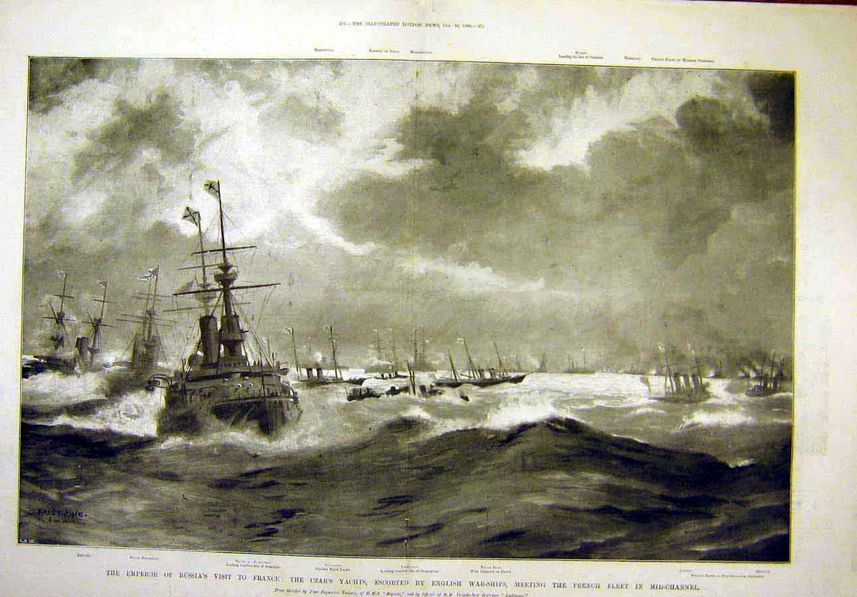 Original Old Antique Print 1896 Emperor Russia Czar Yacht English War-Ships